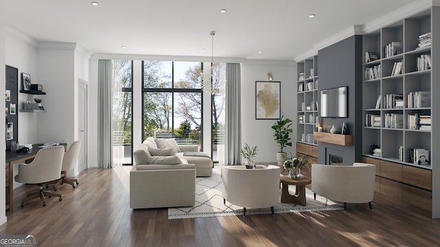 living room featuring hardwood / wood-style floors, floor to ceiling windows, and crown molding