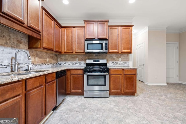 kitchen featuring sink, light tile floors, light stone counters, stainless steel appliances, and tasteful backsplash