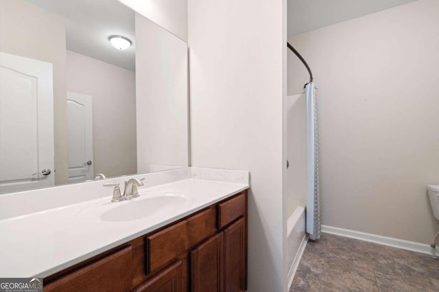 full bathroom featuring tile floors, toilet, vanity, and shower / bath combination