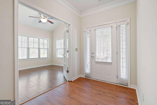 foyer featuring ornamental molding, ceiling fan, and dark wood-type flooring