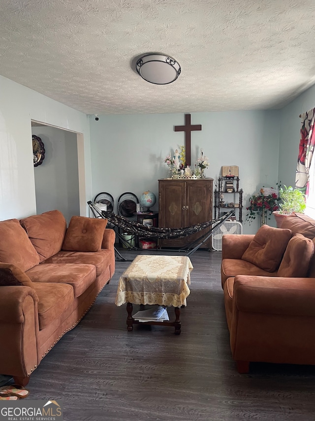 living room with a textured ceiling and dark hardwood / wood-style flooring