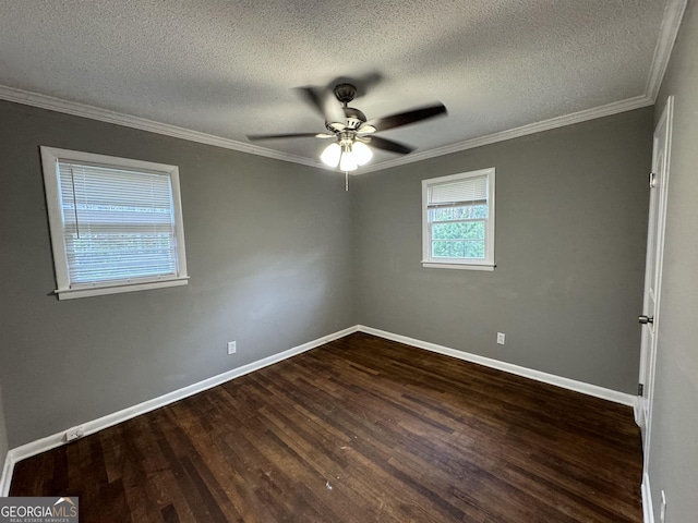 unfurnished room featuring a textured ceiling, ceiling fan, dark hardwood / wood-style floors, and ornamental molding