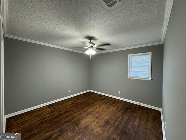 empty room with ceiling fan, ornamental molding, a textured ceiling, and hardwood / wood-style flooring