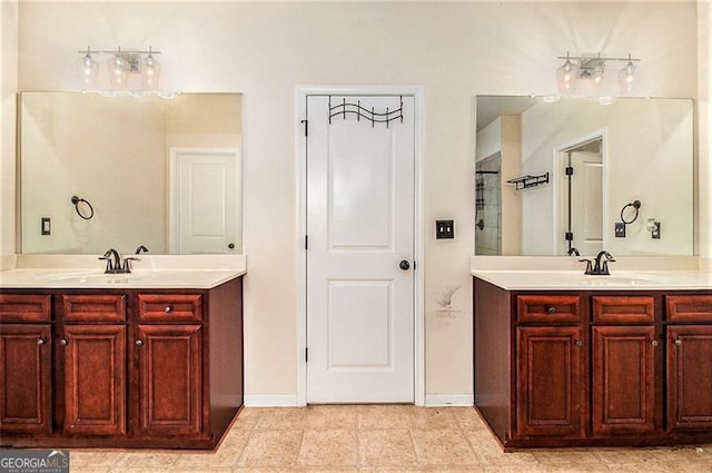 bathroom with tile flooring and double sink vanity