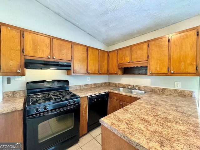 kitchen featuring black appliances, vaulted ceiling, sink, a textured ceiling, and light tile patterned flooring