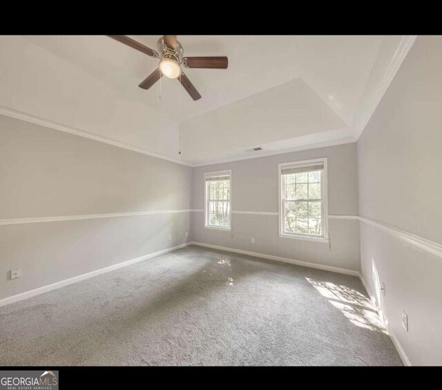 carpeted spare room with ceiling fan, a tray ceiling, and ornamental molding