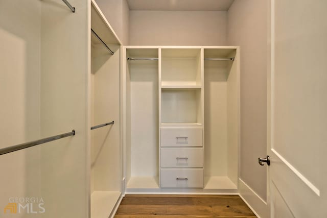 walk in closet with dark wood-type flooring