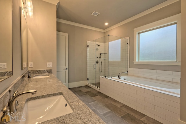 bathroom with dual bowl vanity, crown molding, tile flooring, and independent shower and bath