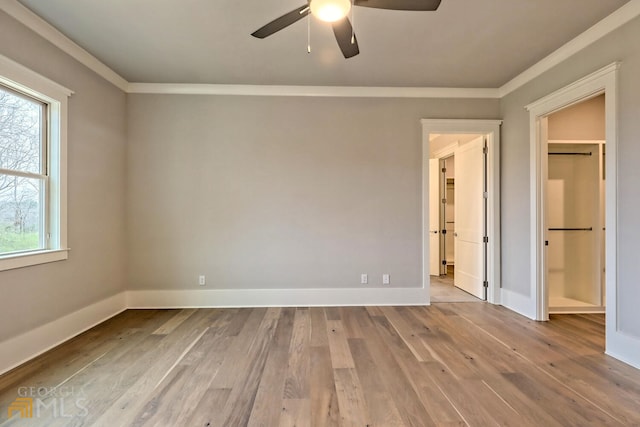 unfurnished bedroom with crown molding, light hardwood / wood-style floors, ceiling fan, and a walk in closet