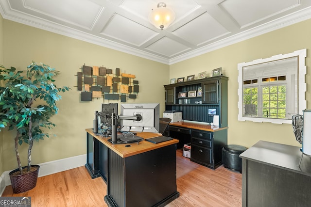 office with ornamental molding, coffered ceiling, and light wood-type flooring