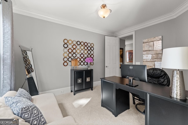 office space featuring light colored carpet and crown molding