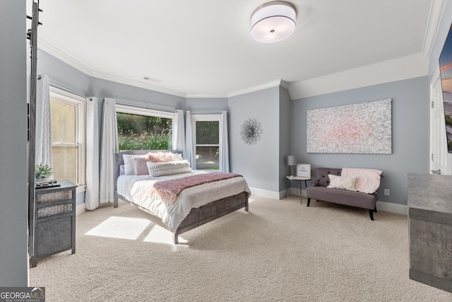 carpeted bedroom featuring crown molding