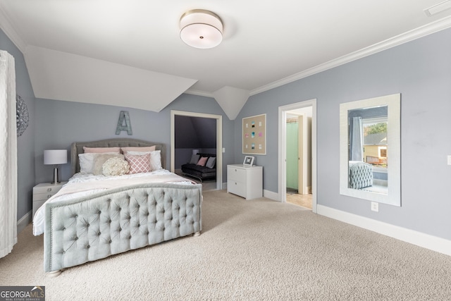 carpeted bedroom featuring ornamental molding