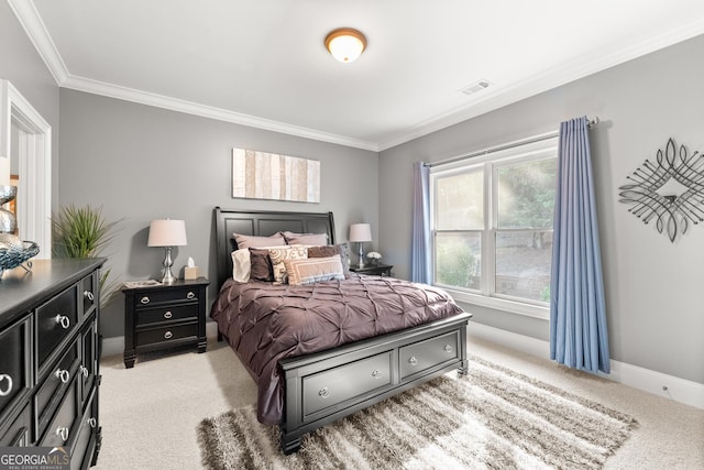 carpeted bedroom with ornamental molding