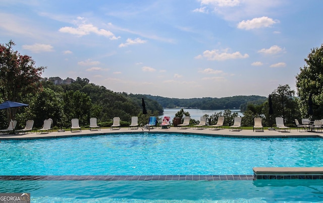 view of pool with a water view