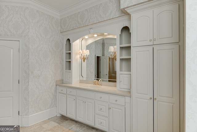 bathroom with tile flooring, ornamental molding, and vanity