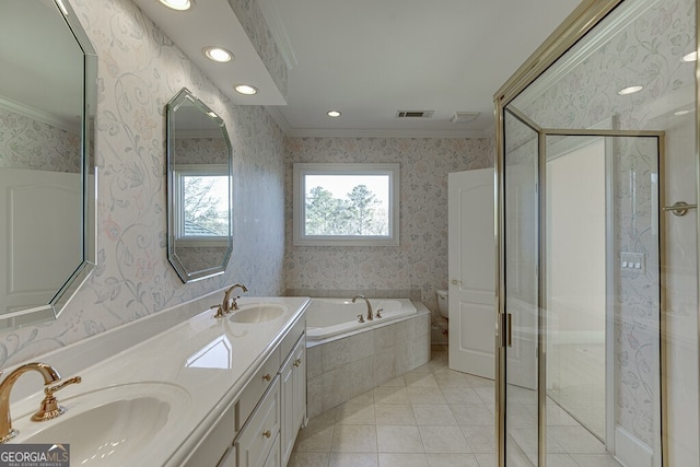 bathroom featuring tile floors, dual sinks, shower with separate bathtub, ornamental molding, and oversized vanity