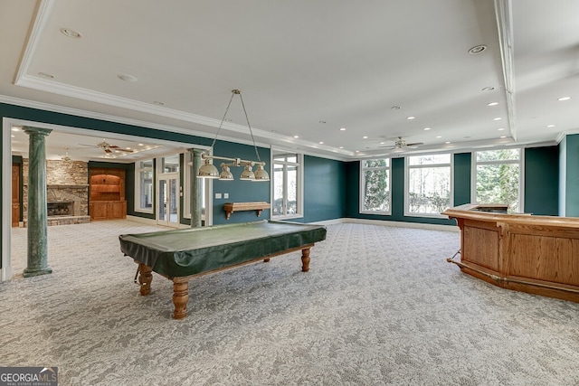 game room with ceiling fan, a fireplace, billiards, light carpet, and ornate columns