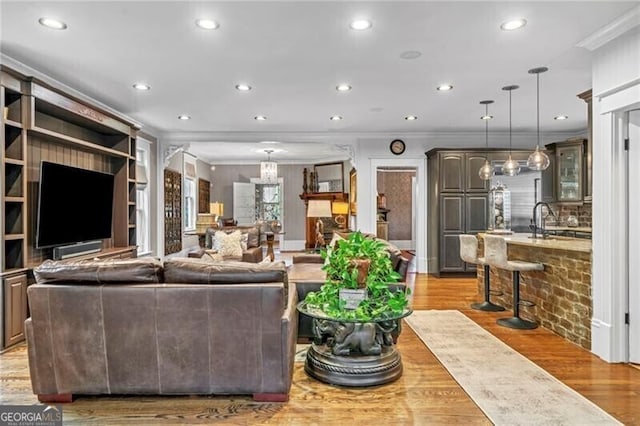 living room featuring light hardwood / wood-style floors and crown molding