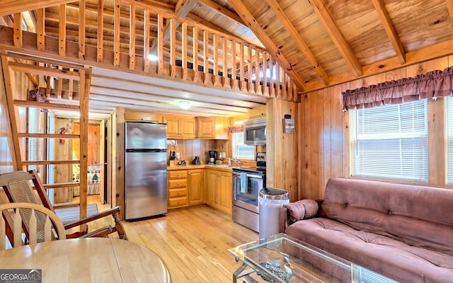 living room with high vaulted ceiling, sink, light hardwood / wood-style flooring, beam ceiling, and wooden ceiling