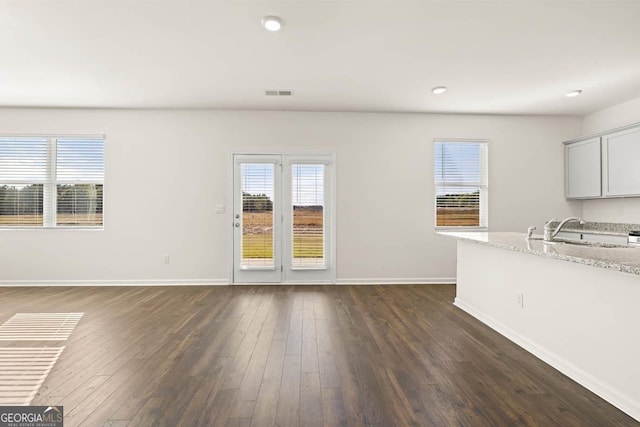 unfurnished living room featuring dark hardwood / wood-style floors and sink