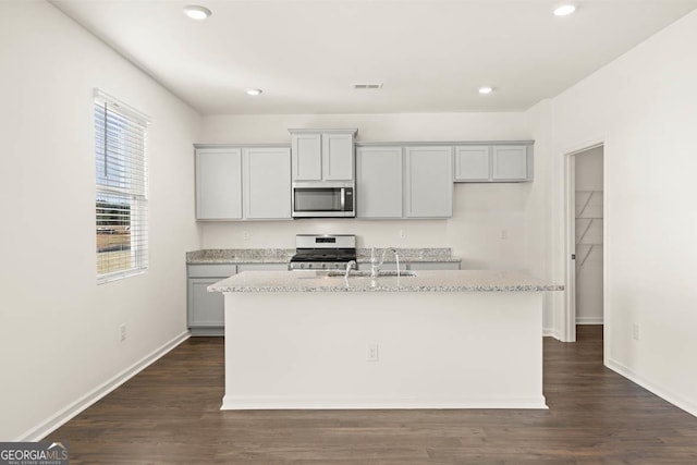 kitchen featuring dark hardwood / wood-style floors, sink, light stone countertops, an island with sink, and stainless steel appliances