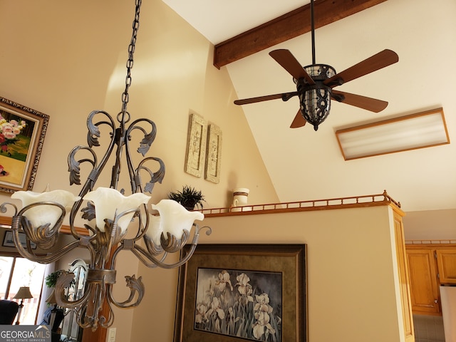 room details with beam ceiling, tile floors, and ceiling fan with notable chandelier