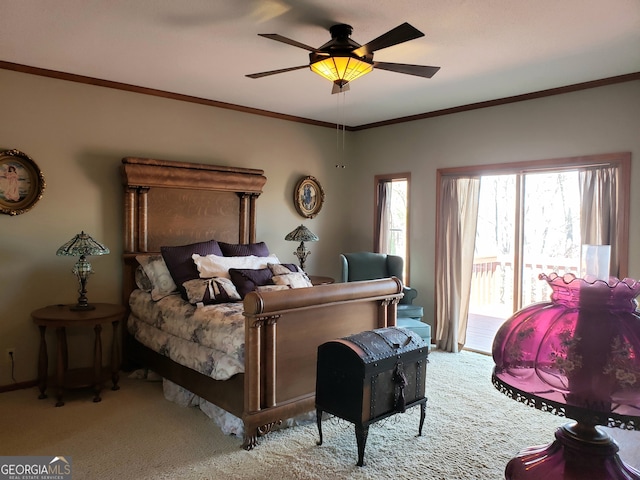 bedroom with ornamental molding, access to outside, ceiling fan, and light colored carpet