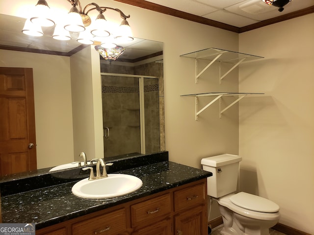 bathroom with an enclosed shower, vanity, and toilet