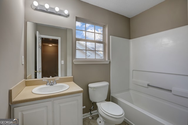 full bathroom with toilet, a textured ceiling, vanity, shower / bathtub combination, and tile flooring