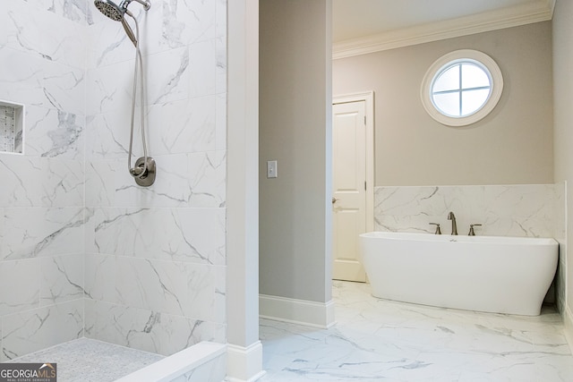 bathroom featuring shower with separate bathtub, ornamental molding, and tile flooring