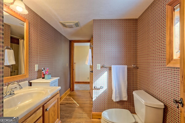 bathroom with hardwood / wood-style floors, vanity, and toilet