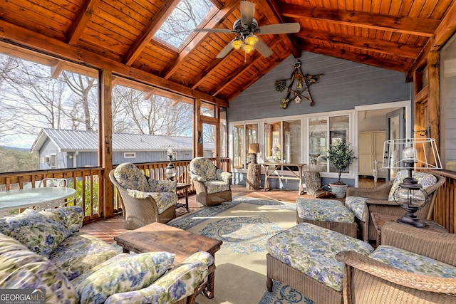 sunroom / solarium featuring vaulted ceiling with skylight, wood ceiling, and a wealth of natural light