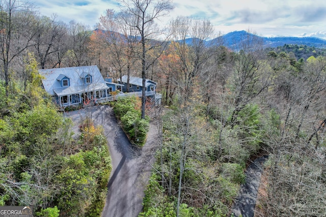 drone / aerial view featuring a mountain view