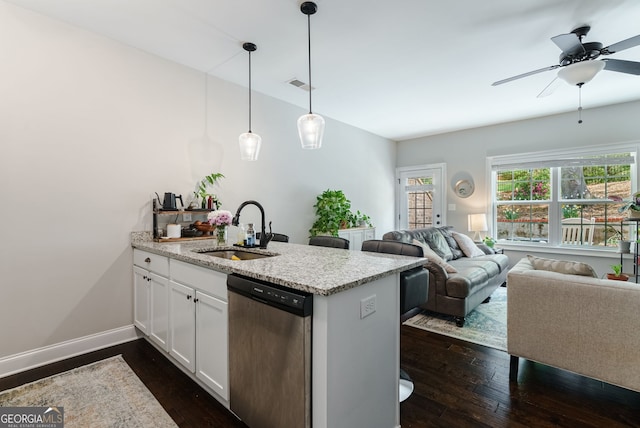 kitchen with ceiling fan, dark wood-type flooring, dishwasher, and white cabinetry