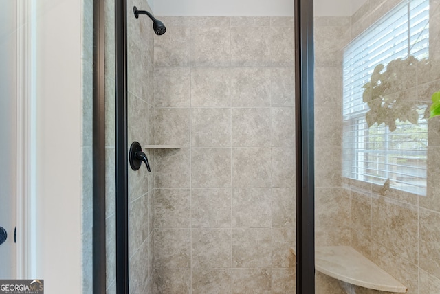 bathroom with a shower with shower door