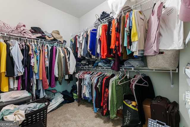 walk in closet featuring light colored carpet