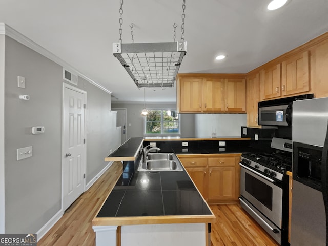 kitchen with light hardwood / wood-style floors, a center island with sink, stainless steel appliances, and sink