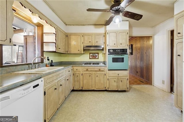 kitchen with sink, stainless steel gas cooktop, white dishwasher, ceiling fan, and oven