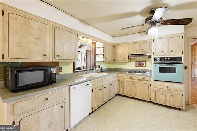 kitchen featuring dishwasher, sink, ceiling fan, wall oven, and gas stovetop