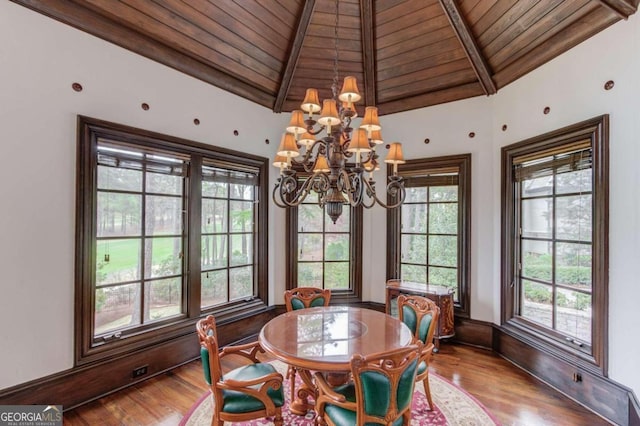 dining area featuring an inviting chandelier, wooden ceiling, and wood-type flooring