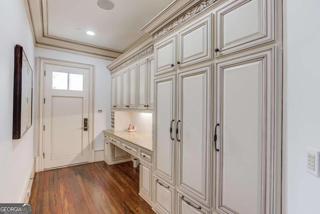 mudroom featuring crown molding and dark hardwood / wood-style floors