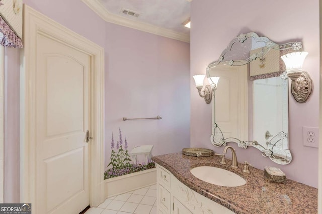 bathroom featuring crown molding, large vanity, and tile floors