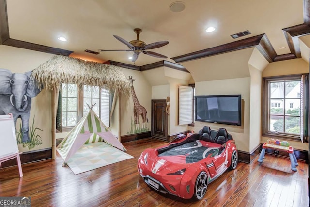 interior space featuring dark hardwood / wood-style flooring, ceiling fan, and beam ceiling