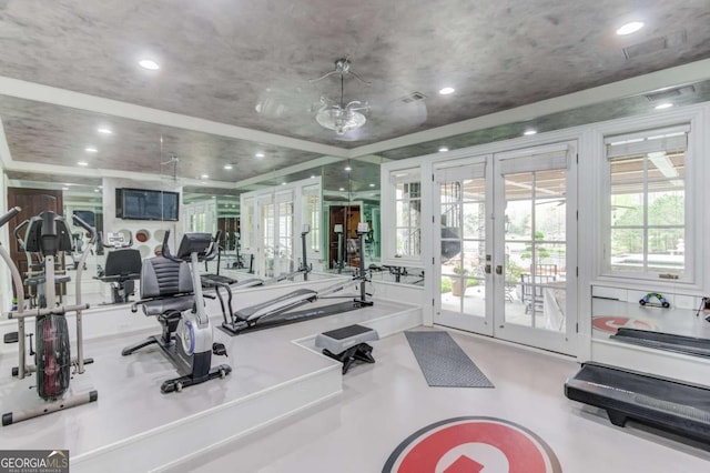 gym featuring french doors and a wealth of natural light