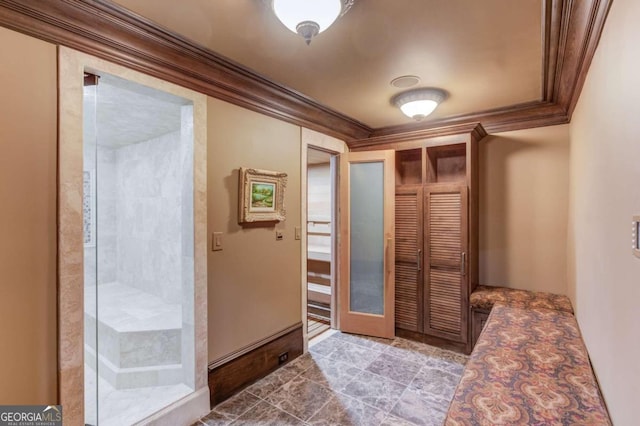 interior space with dark tile floors