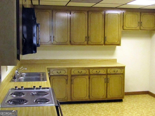 kitchen featuring a paneled ceiling, stainless steel electric stovetop, range, and sink