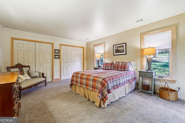 bedroom featuring multiple closets and carpet floors