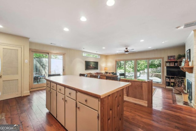 kitchen with dark hardwood / wood-style flooring, a wealth of natural light, a center island, and a fireplace