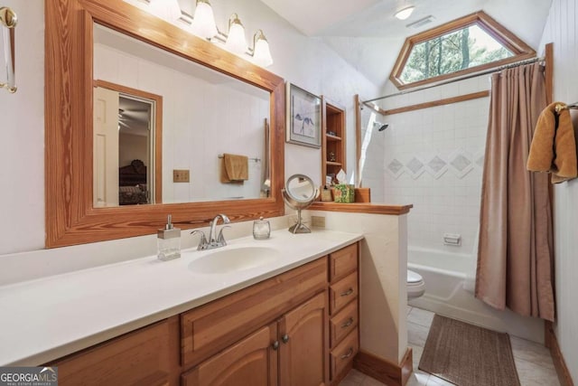 full bathroom featuring vanity, lofted ceiling, tile patterned floors, toilet, and shower / tub combo